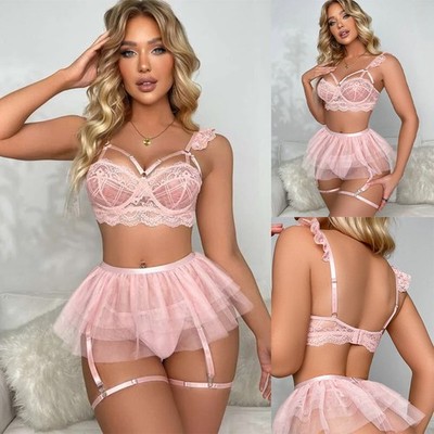 Women's Sexy Lace Mesh Lingerie Set with Garter Dress Party Underwear  Sleepwear | eBay