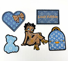 New 5PC Embroidered Logo Denim/Tan Patch Iron-on Set for Bags/Jackets/Hats etc