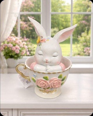 Süsses Kaninchen Hase in einer Rosen Tasse 17x14x23cm Clayre & Eef Ostern