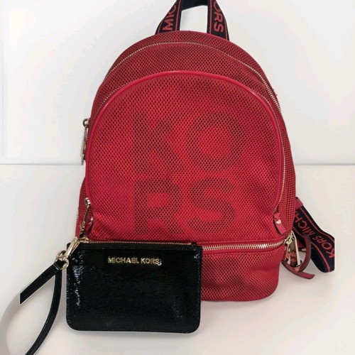 Michael Kors Rhea Zip Backpack Logo front Mesh Red gold & MK Wristlet NEW