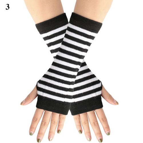 Fingerless Thumb Gloves Arm Warmers Striped Ladies Women Mitten 25 colors - Picture 15 of 37