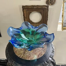 Vintage Blue & Green Handblown Murano-Style Art Glass Bowl – 12"