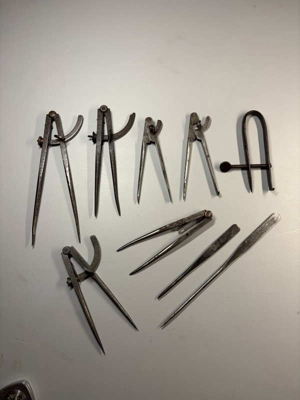 Lot Of Antique Leather Tools Wing Dividers Compass Huber Osborne Stow & Wilcox