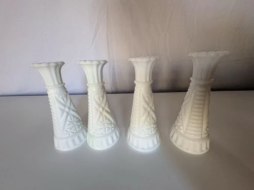 4 Vintage Anchor Hocking 6" Stars and Bars Milk Glass Flower Bud Vases Weddings