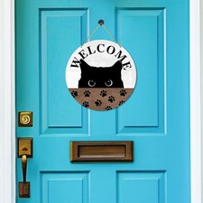 Black Cat Welcome Sign Front Door Decor, Welcome Round Wood Hanging Sign Deco...