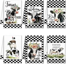 6 Pcs Farm Animal Kitchen Towels Cow Kitchen Hand Towels Cow Pig Chicken Plaid