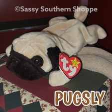 🐾 PUGSLY 🐾 1997 Ty Beanie Babies Light Brown & Black PUG DOG Baby *MWMT*