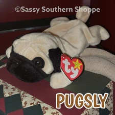 🐾 PUGSLY 🐾 1997 Ty Beanie Babies Light Brown & Black PUG DOG Baby *MWMT*