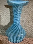 Vintage Spiral Optic Ruffled Vase, Fenton Opalescent Blue 8 1/2" Vase W/ Crack