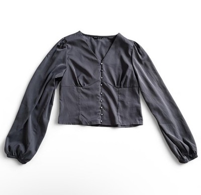 Gray long sleeve blouse with button front and v-neck