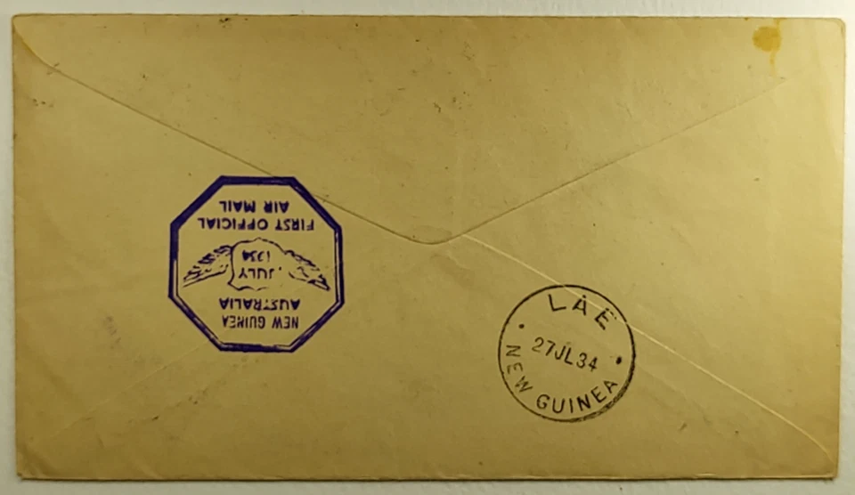 Cubierta de correo aéreo de primer vuelo de Australia 1934 Melbourne a Lae Papúa Nueva Guinea Foto 2 de 2