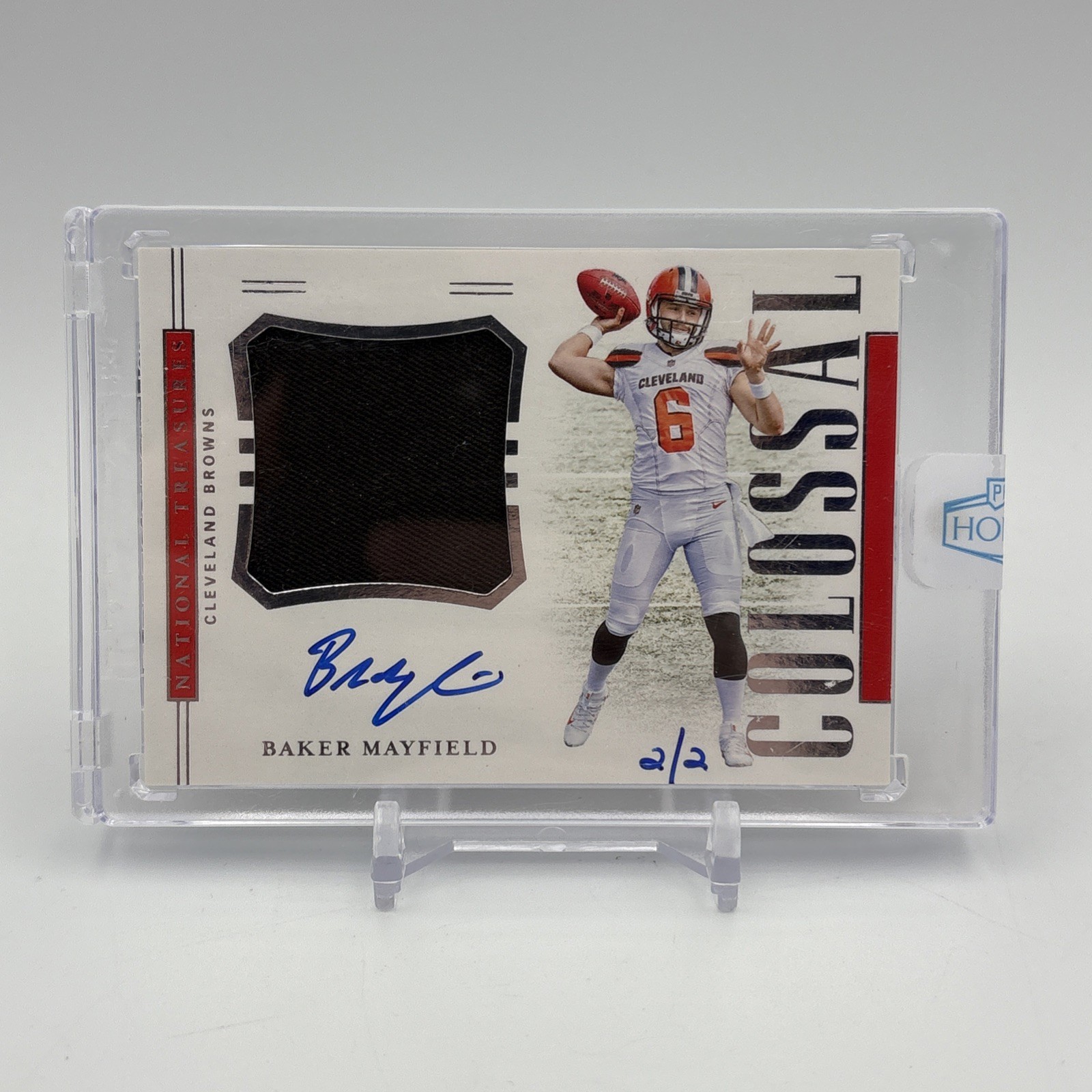 Baker Mayfield Football Cards 2018 National Treasures Rookie Colossal Signatures trading card — raw and PSA graded price guide