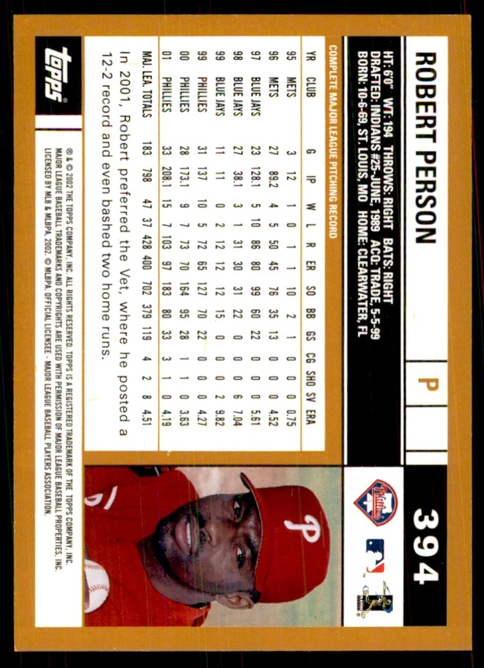 2002 Topps Robert Person Baseball Cards #394 - Image 2 of 2