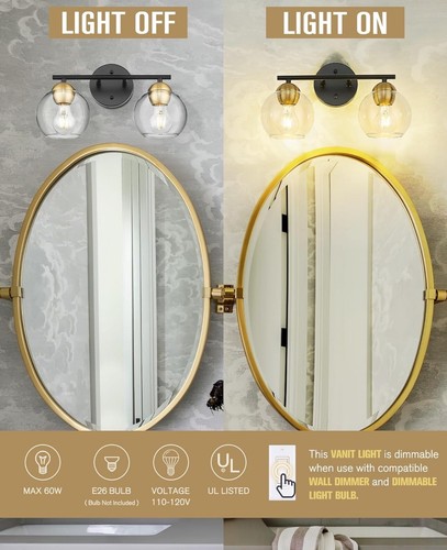 2-Light Black/Gold Bathroom Fixture – Globe Style Over Mirror, VL114-2 - Picture 2 of 4