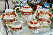 Occupied Japan Porcelain Hand Painted Tea Set Pitcher Sugar/Creamer Cups Saucers