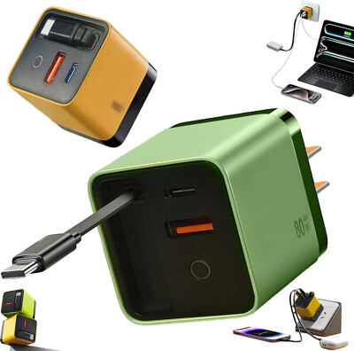 3 in 1 GaN Charger,Scalable 80W Max Fast Charging with Type-C Cable &2 USB Ports
