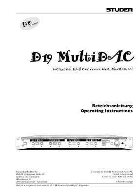 Bedienungsanleitung-Operating Instructions für Studer D 19 MultiDAC 