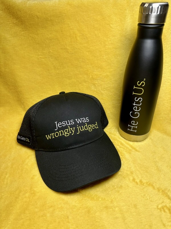 NEW He Gets Us / Jesus Was Wrongly Judged LOT of Water Bottle & Baseball Hat Cap