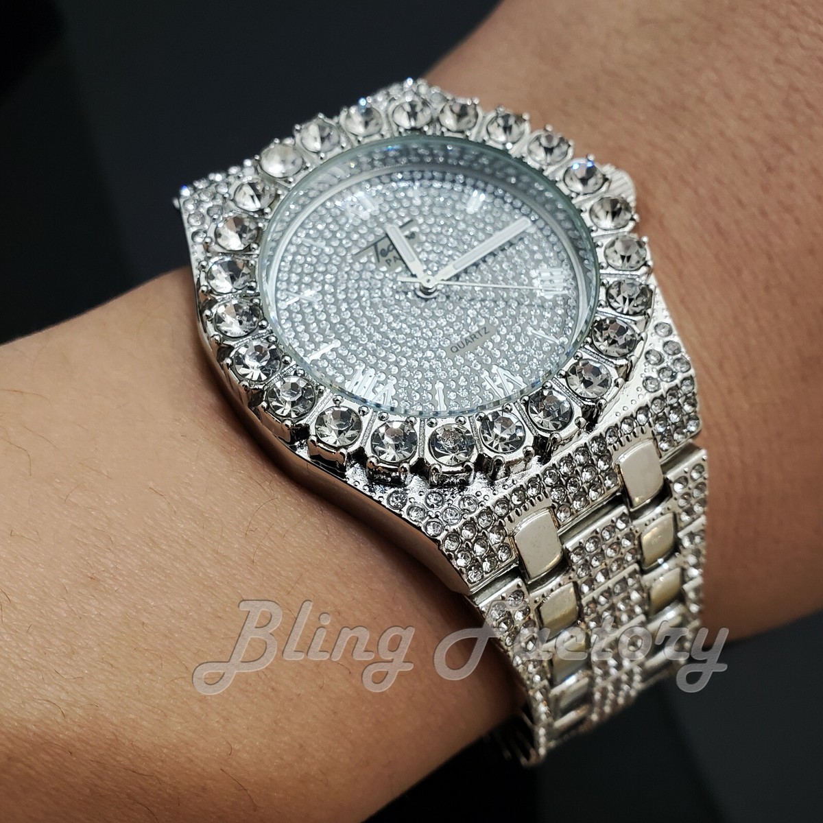 HIP HOP SILVER PT LUXURY LAB DIAMOND WATCH & ICED CUBAN BOX  display picture 2
