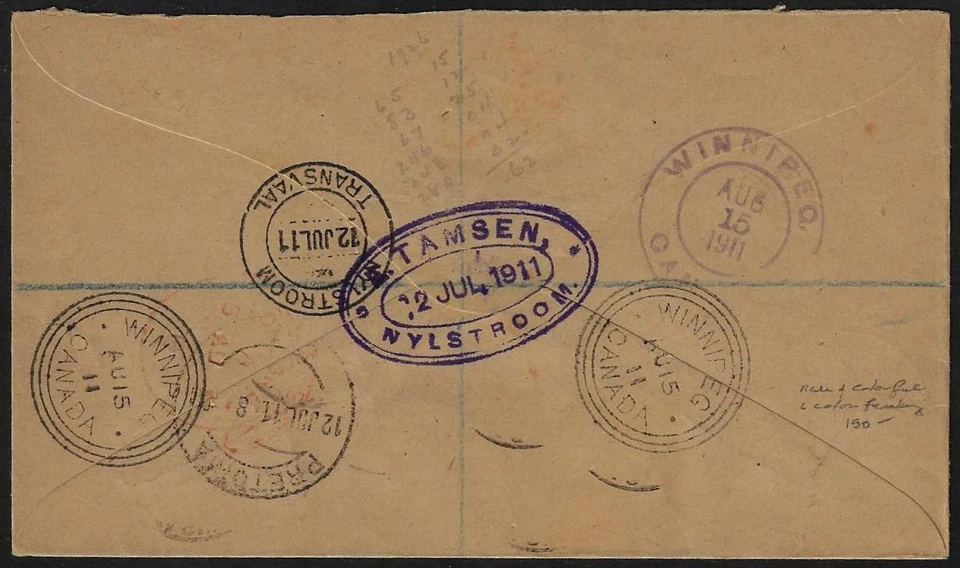 ТРАНСВААЛЬ ЮЖНАЯ АФРИКА 1911 ЗАРЕГИСТРИРОВАННЫЙ NYLSTROOM С 6 ЦВЕТ ФРАНКИРОВАНИЯ ВКЛЮЧАЯ ИЛИ - Изображение 2 из 2
