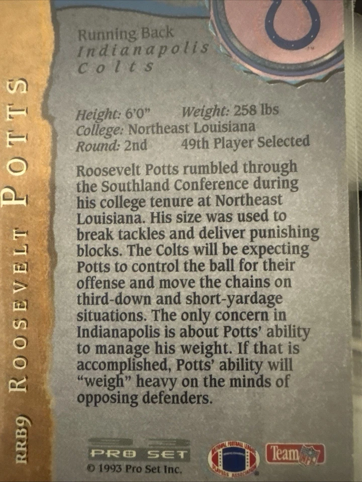 1993 Pro Set ROOSEVELT POTTS Indianapolis Colts Rookie Running Backs Prism Card - Image 2 of 2