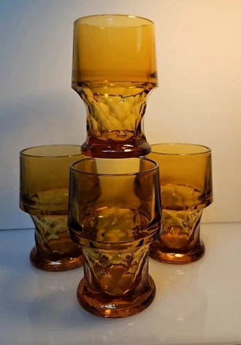 4 Georgian Amber 12 oz Tumblers 5" Tall Honeycomb VTG