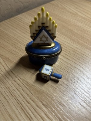PHB Trinket Box Menorah Porcelain Hinged with Dreidel Trinket  EUC 2 