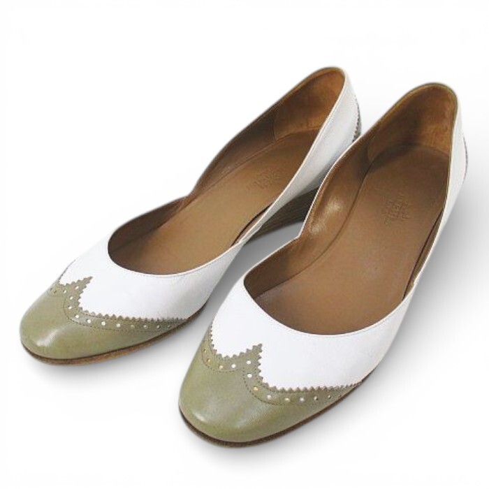 HERMES Luxury Brand Wedge Pumps Wingtip Side V Cut 1.6in Leather White Pre-owned thumbnail 2