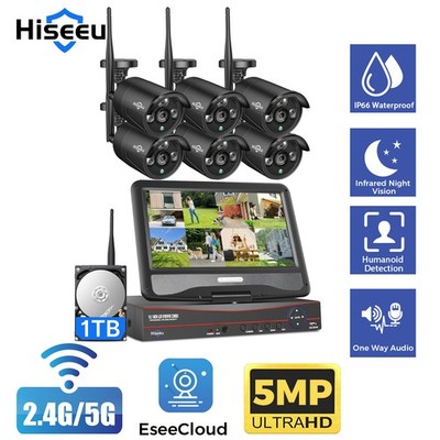 Hiseeu 6PCS 5MP Camera 16CH 10''LCD Monitor 5G Wifi Security Camera System 1T HDD