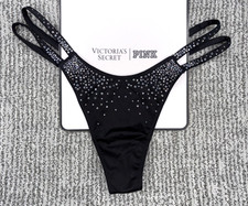 VictoriasSecret VerySexy NWT Large Black Sparkle Crystal Shine Strap Thong Panty