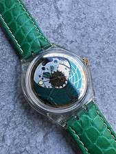 Swatch Ramarro SAK111 Automatic Skeleton Watch, Clear Case, Green Leather Strap