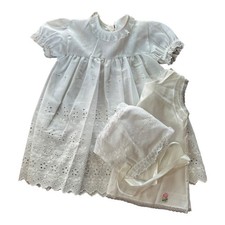 Vintage 90s I.C. Kids Christening Eyelet Gown, Slip Bonnet Set size 0-6 months