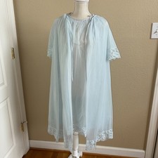 Vtg Vanity Fair Sheer Blue Nylon Peignoir Set Nightgown Double Chiffon Robe Sz M