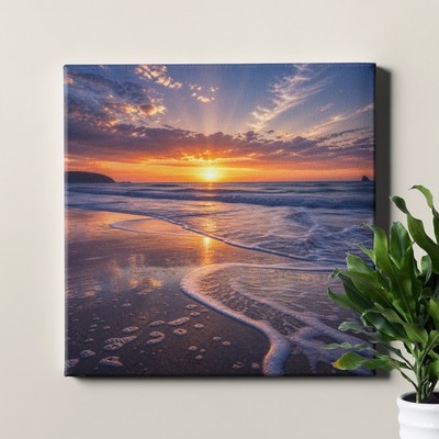 Beach sunset ocean waves Canvas Print golden glow coastal seascape