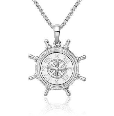 925 Sterling Silver Ships Wheel North Star Compass Pendant Necklace