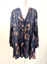 Free People S Paisley Boho Tunic Dress Blue Crochet Lace Peasant Festival Faded