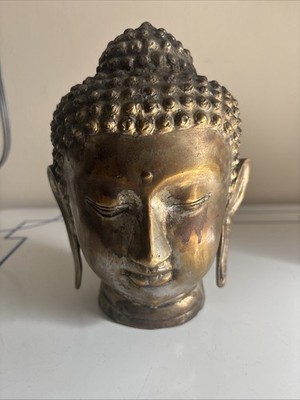 Antique Bronze Buddha Head Statue 7  Tall Partially Oxidized Religion Buddhism