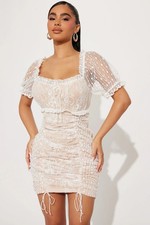 Story On Mini Bodycon Dress M White Beige Lace Overlay Ruched Coquette Romantic