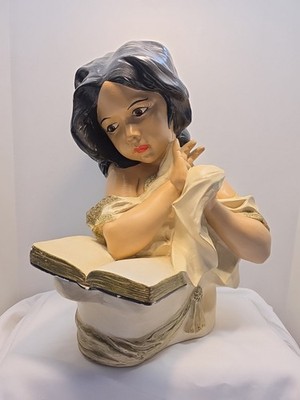 Vintage Girl Reading Large Plaster Bust Statue Figurine