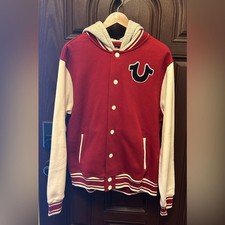 True Religion Red and Gray Hooded Fleece Varsity Jacket-Size Medium NWT  