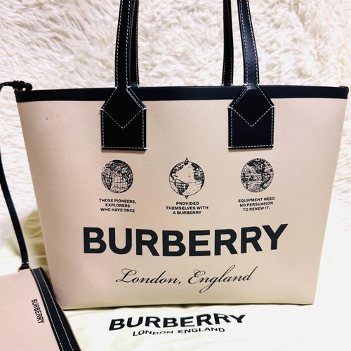 BURBERRY Large London Tote Bag Check Canvas Pouch A4 Women Used Authentic