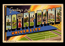 Vtg Linen UNIVERSITY OF NOTRE DAME Large Letter Blocks Football Curt Teich & Co