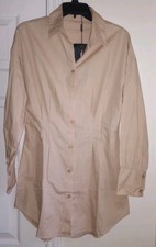 PrettyLittleThing Stone Fitted Waist Long Sleeve Shirt Dress Size UK 10, US 6