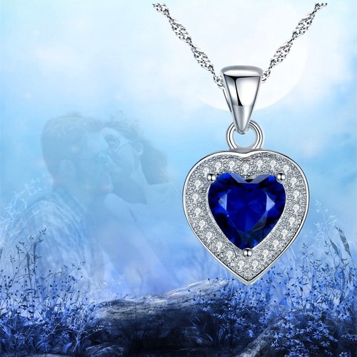 Collar colgante corazón zafiro azul simulado plata de ley 925 regalo para mujer - Imagen 3 de 7