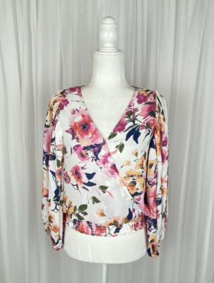 CeCe Women's Sz S Pink Floral Blouse Smocked Hem Balloon Sleeves New