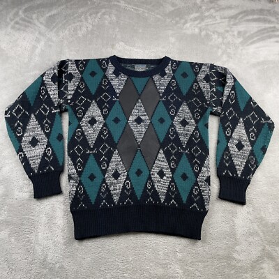 Playboy Vintage Sweater Mens M Black Green Geometric Pattern w/ Leather  Trim