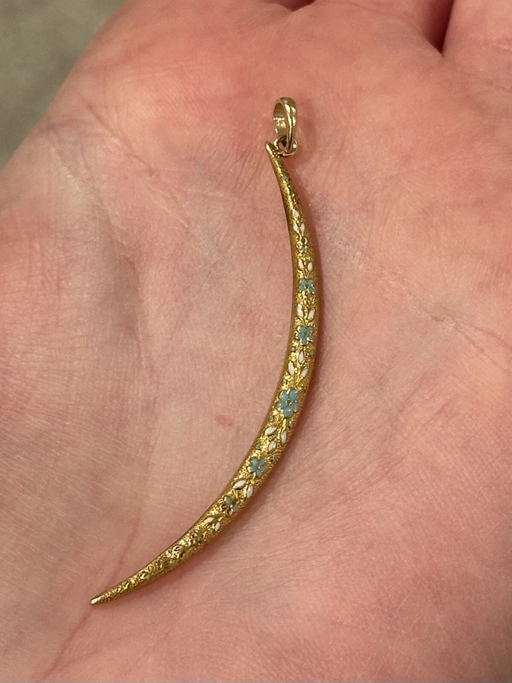 pingente antigo de ouro 14k esmalte lua crescente charme floral celestial - Imagem 4 de 4