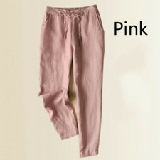 Donna Cotone Lino Pantaloni Stile Harem Larga Tinta Unita Coulisse Casual M-3XL