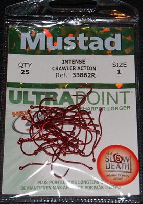 25 Mustad 33862R Red Slow Death Hooks Size 1 Ultra Point Intense Crawler Action