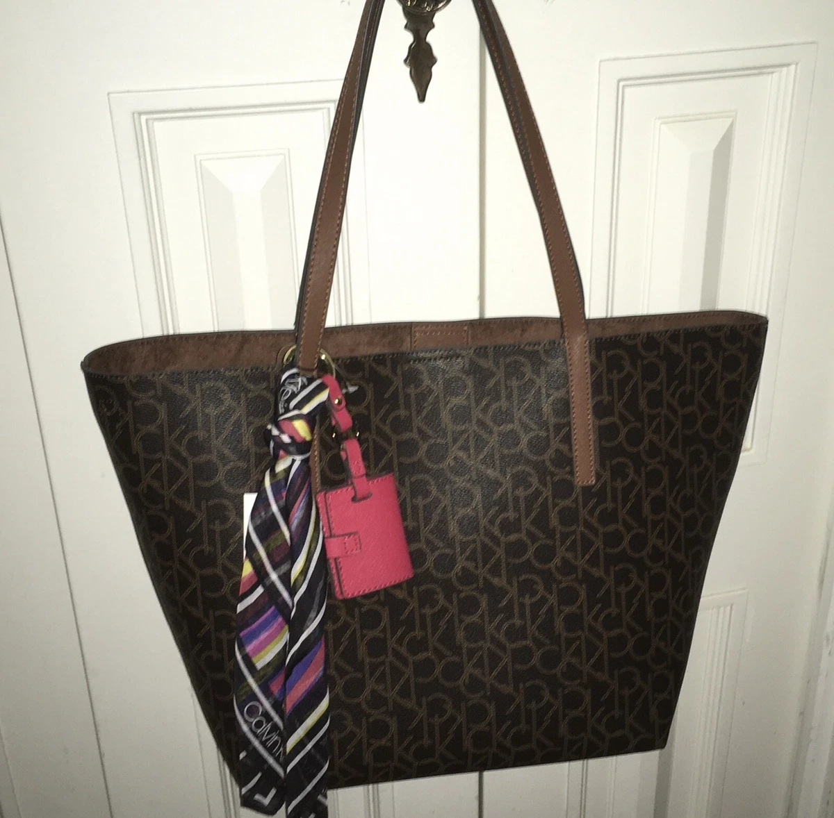 2 PC CALVIN KLEIN Large Tote + Wallet Womens Brown Monogram Logo $148 NWT